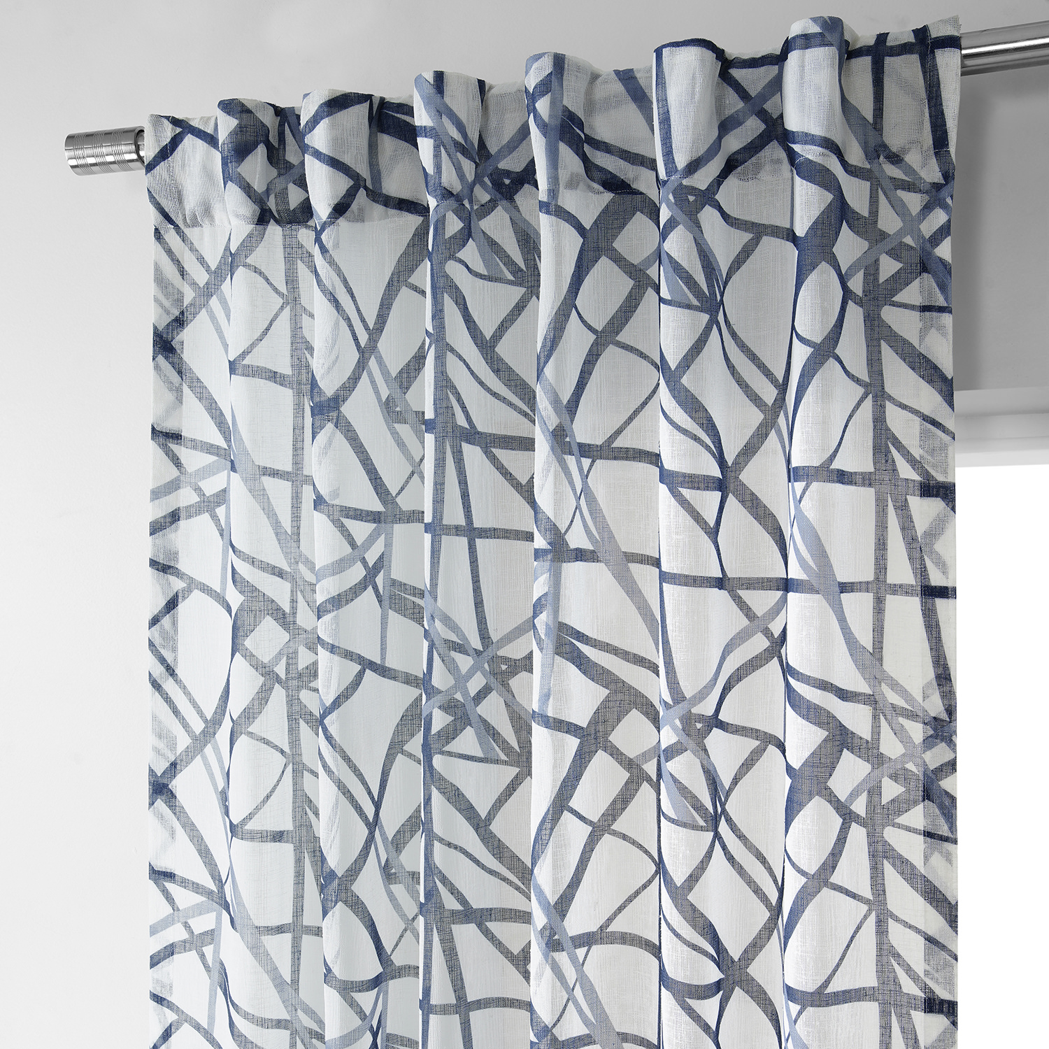 Matrix Blue Printed Faux Linen Sheer Curtain