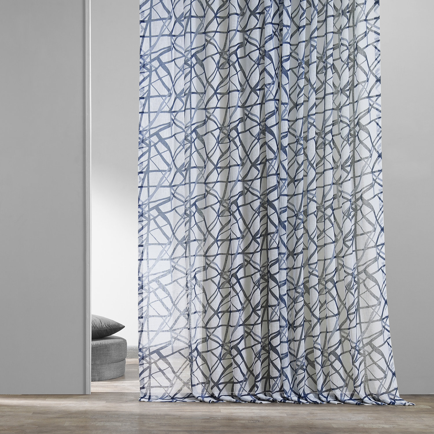 Matrix Blue Printed Faux Linen Sheer Curtain