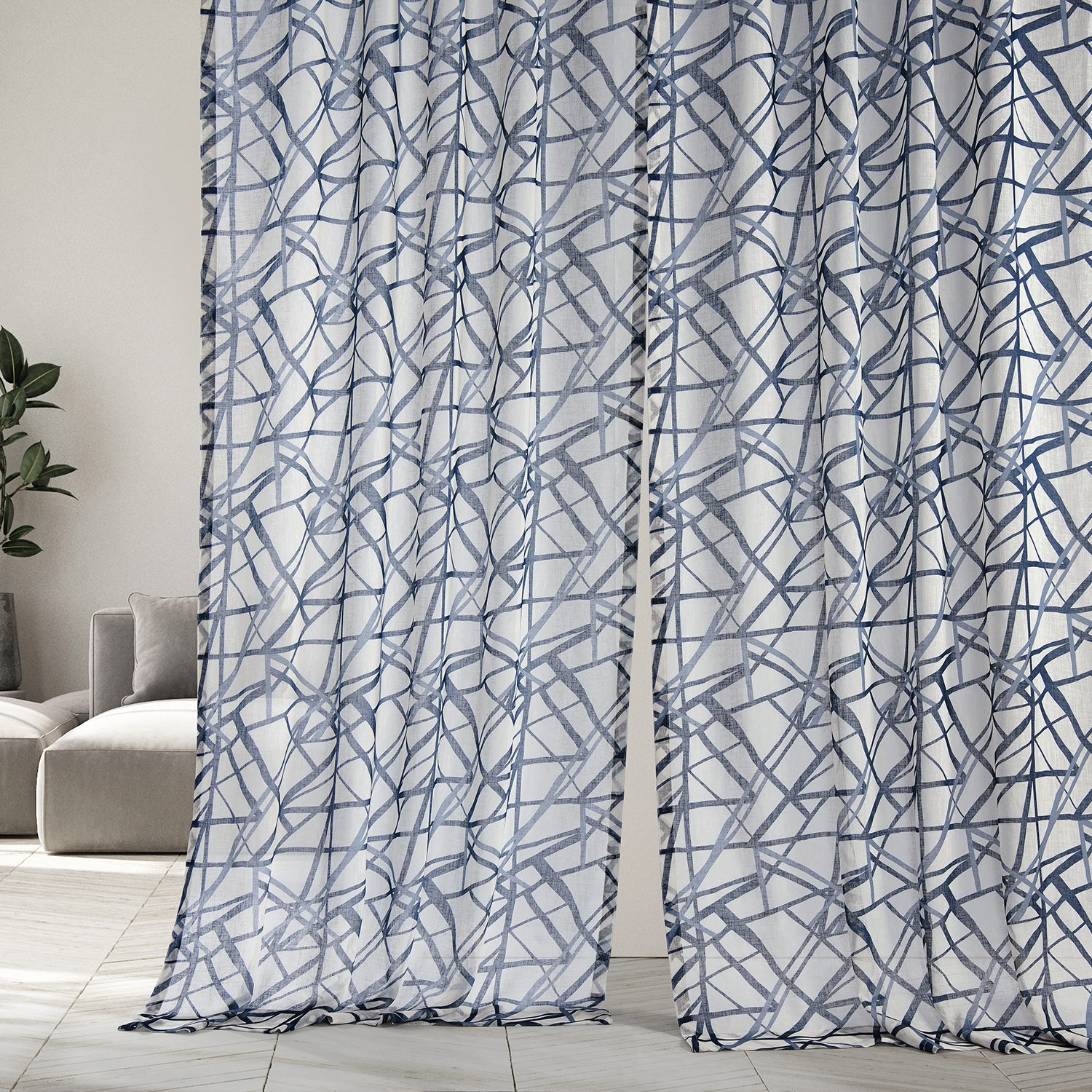 Matrix Blue Printed Faux Linen Sheer Curtain