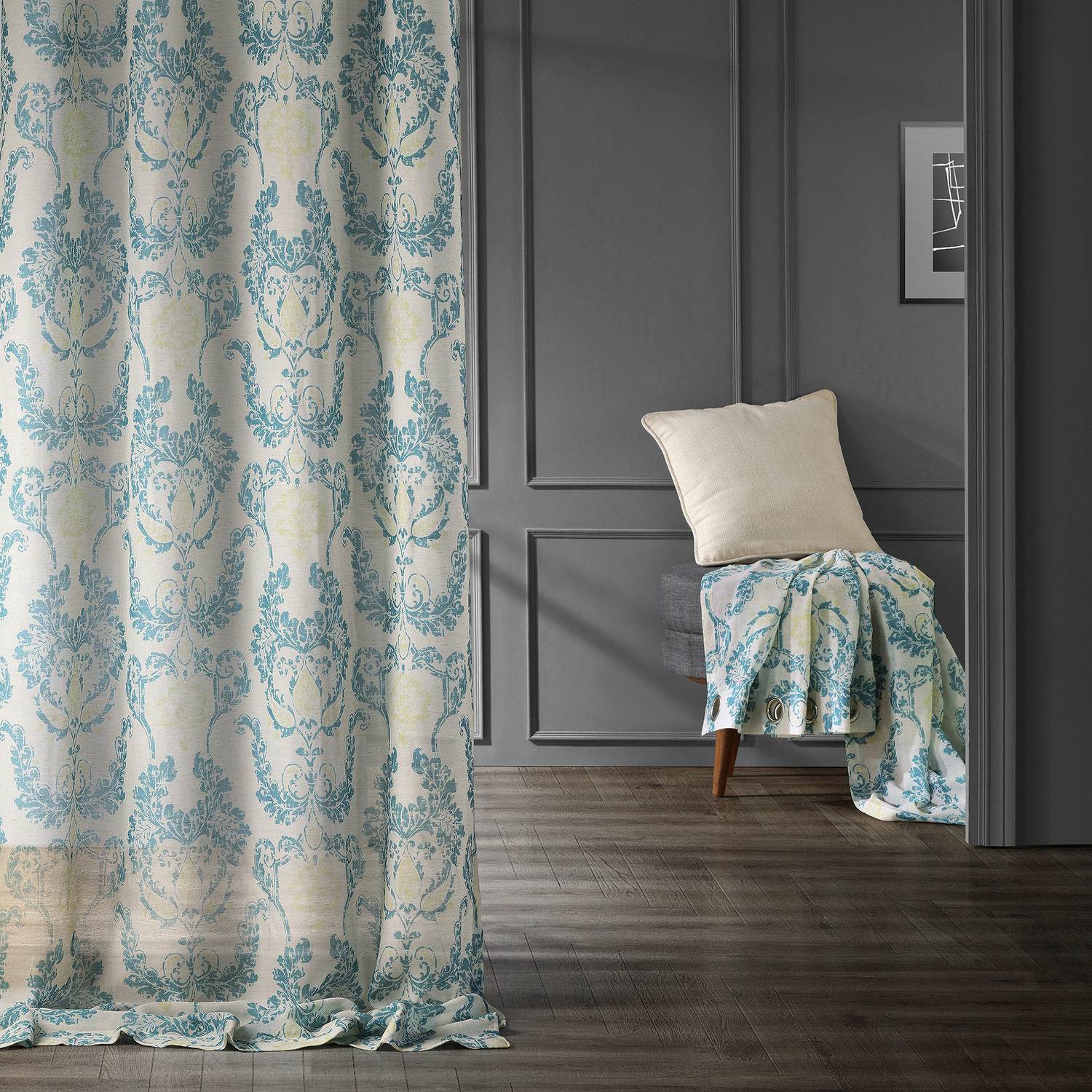 Terrace Teal Grommet Printed Faux Linen Sheer Curtain