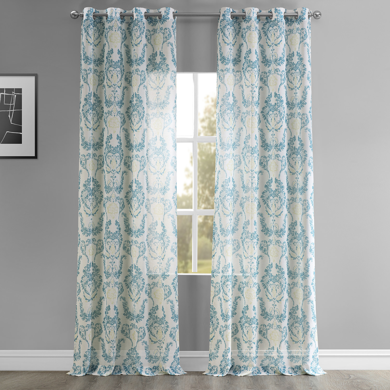 Terrace Teal Grommet Printed Faux Linen Sheer Curtain