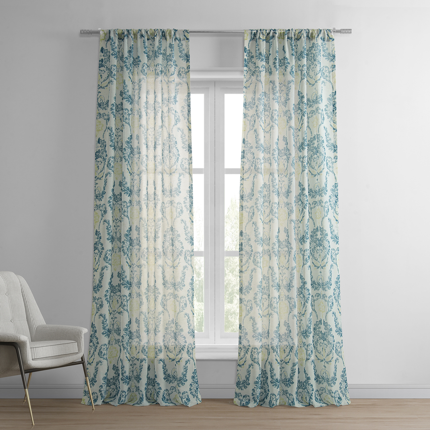 Terrace Teal Printed Faux Linen Sheer Curtain