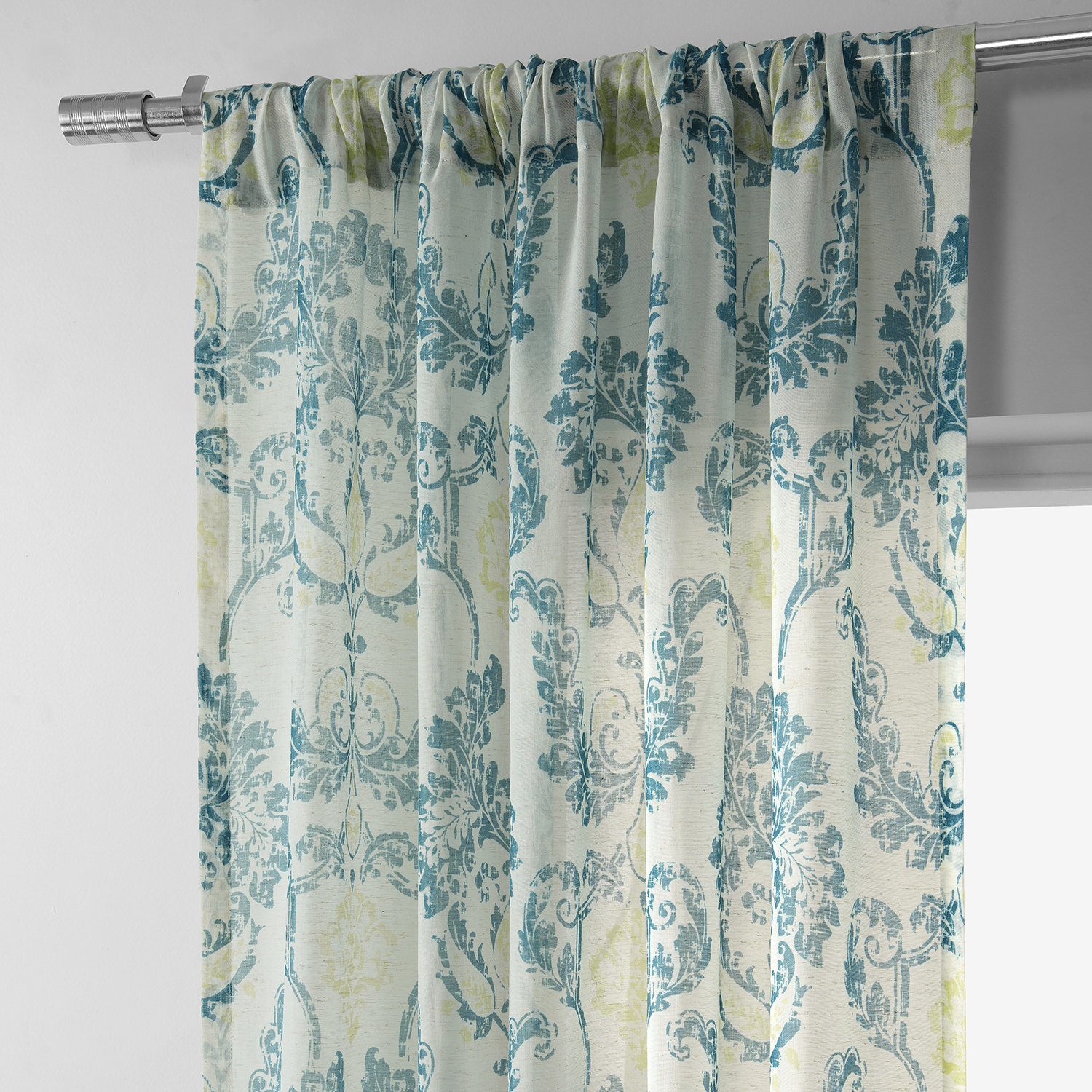 Terrace Teal Printed Faux Linen Sheer Curtain