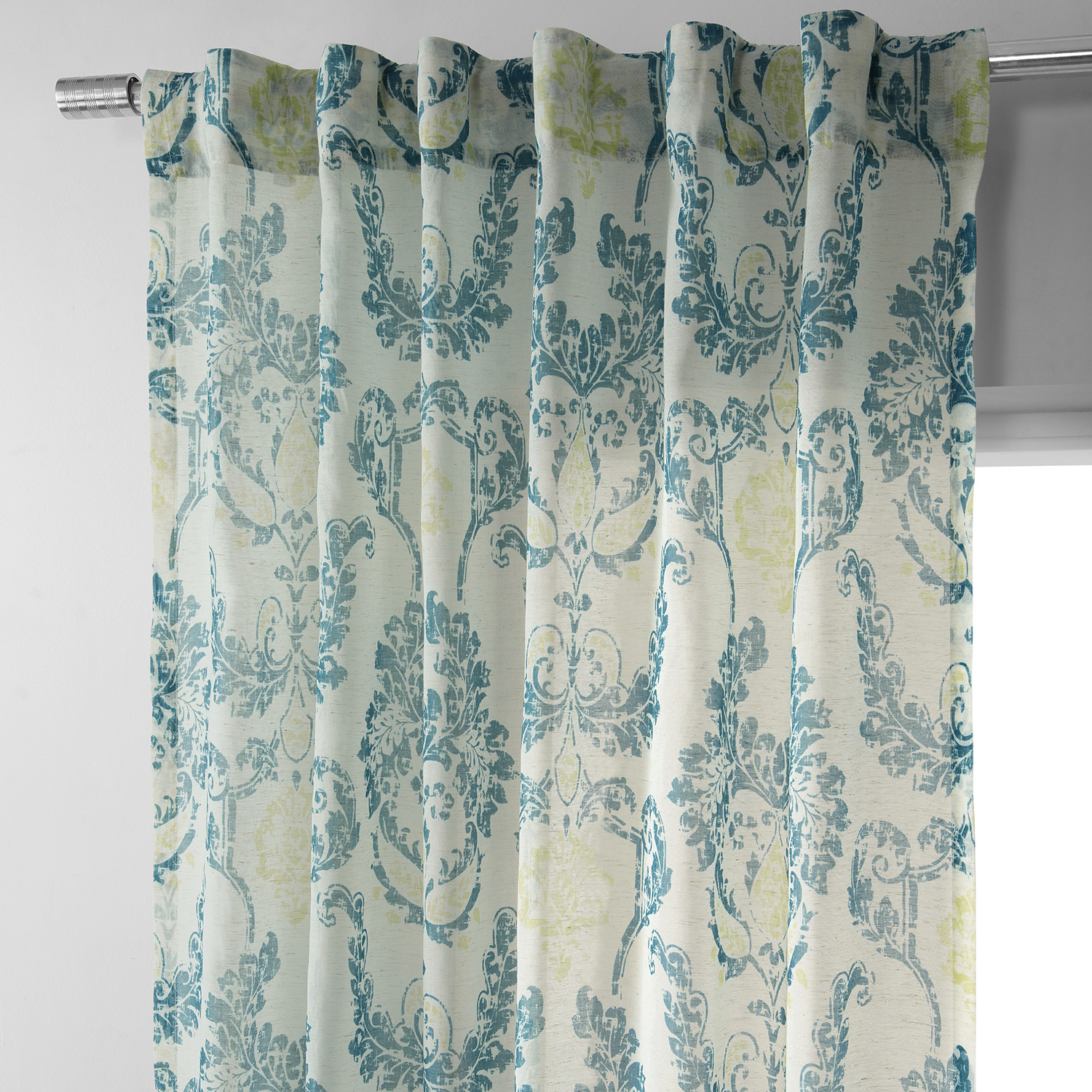 Terrace Teal Printed Faux Linen Sheer Curtain