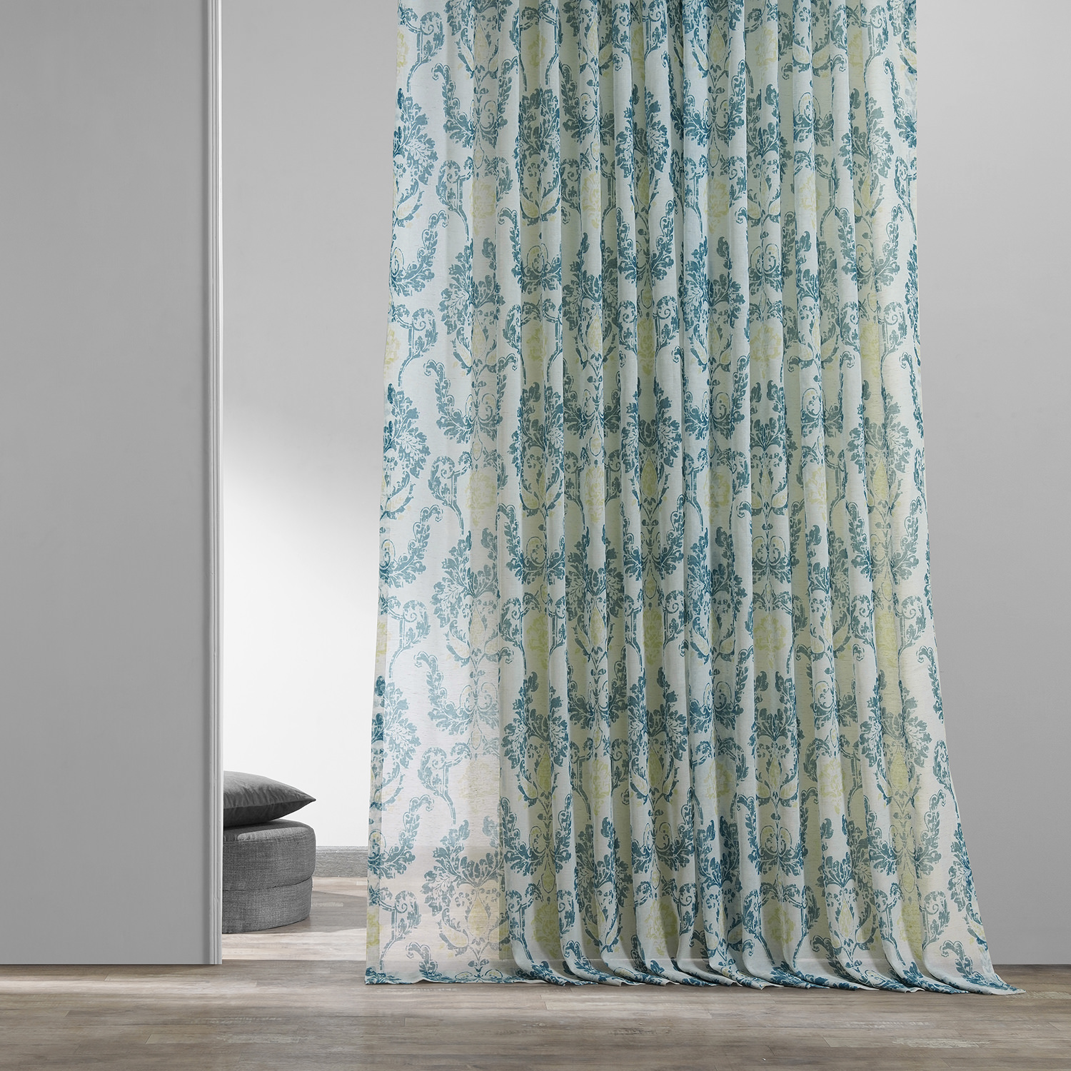 Terrace Teal Printed Faux Linen Sheer Curtain