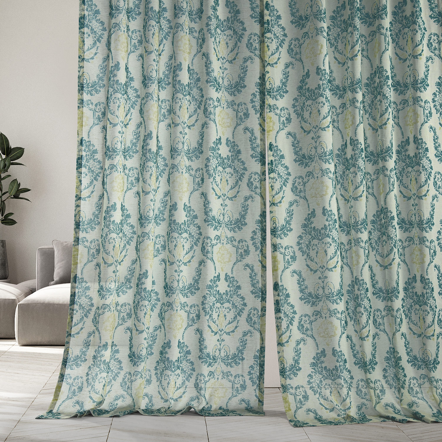 Terrace Teal Printed Faux Linen Sheer Curtain