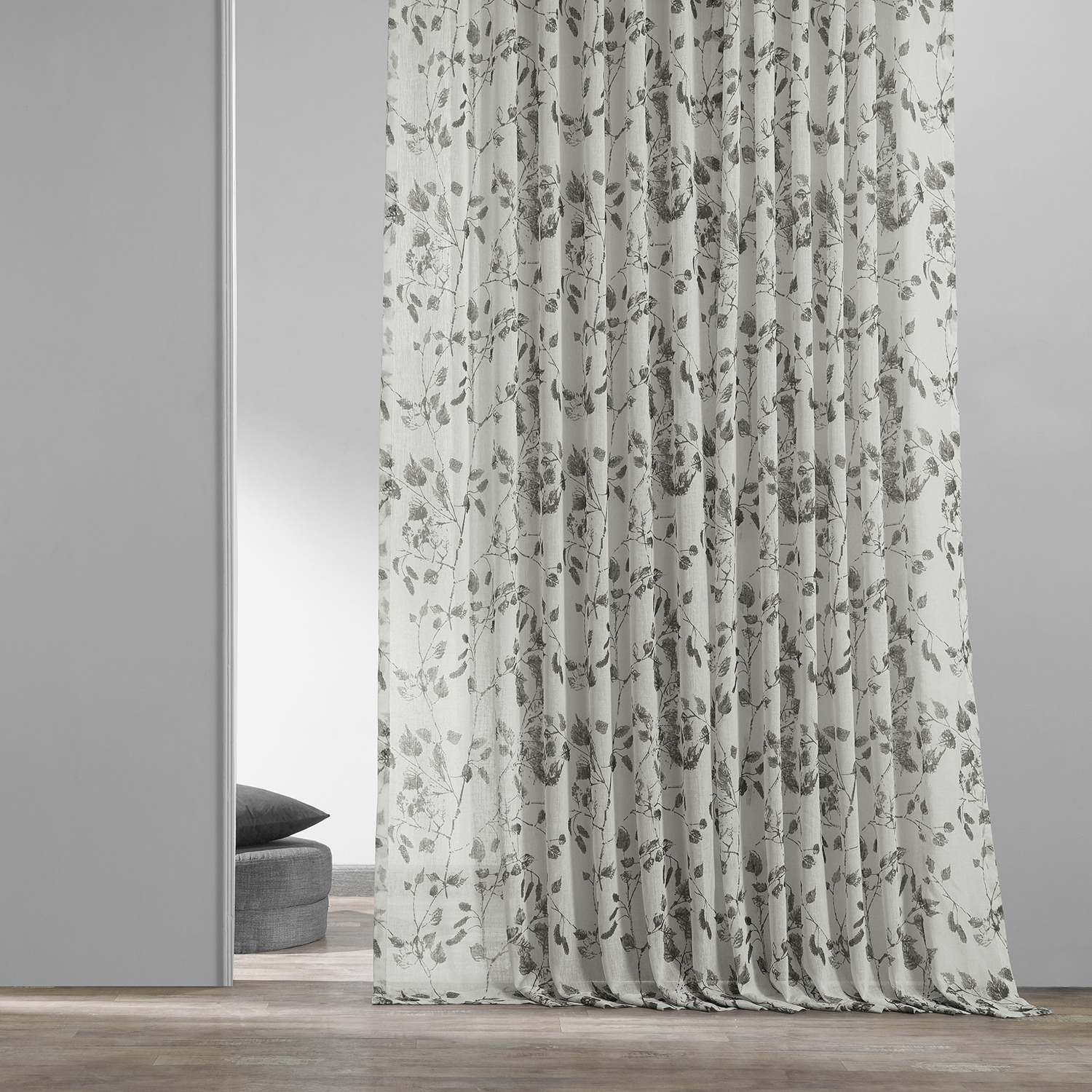 Woodland Grey Printed Faux Linen Sheer Curtain