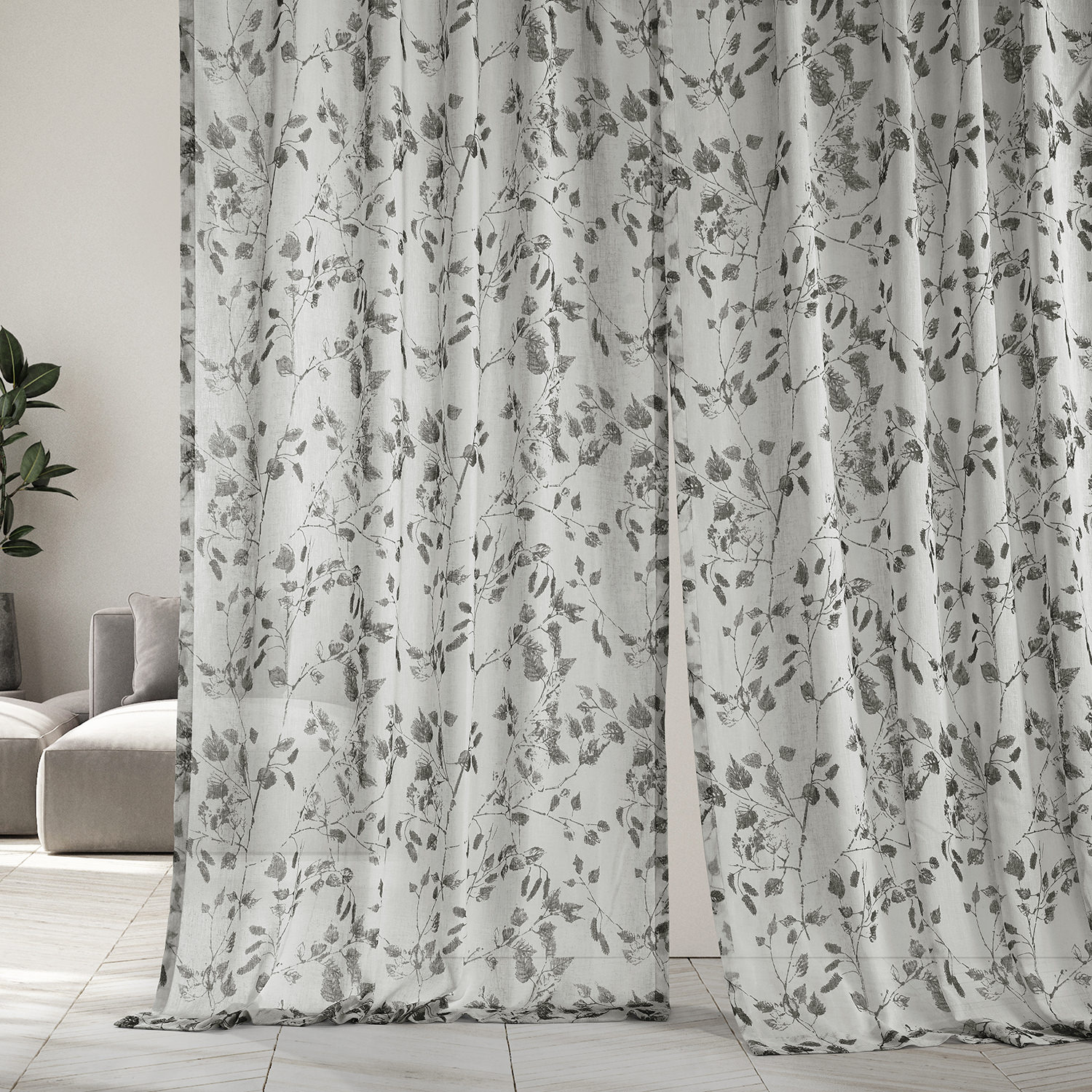 Woodland Grey Printed Faux Linen Sheer Curtain