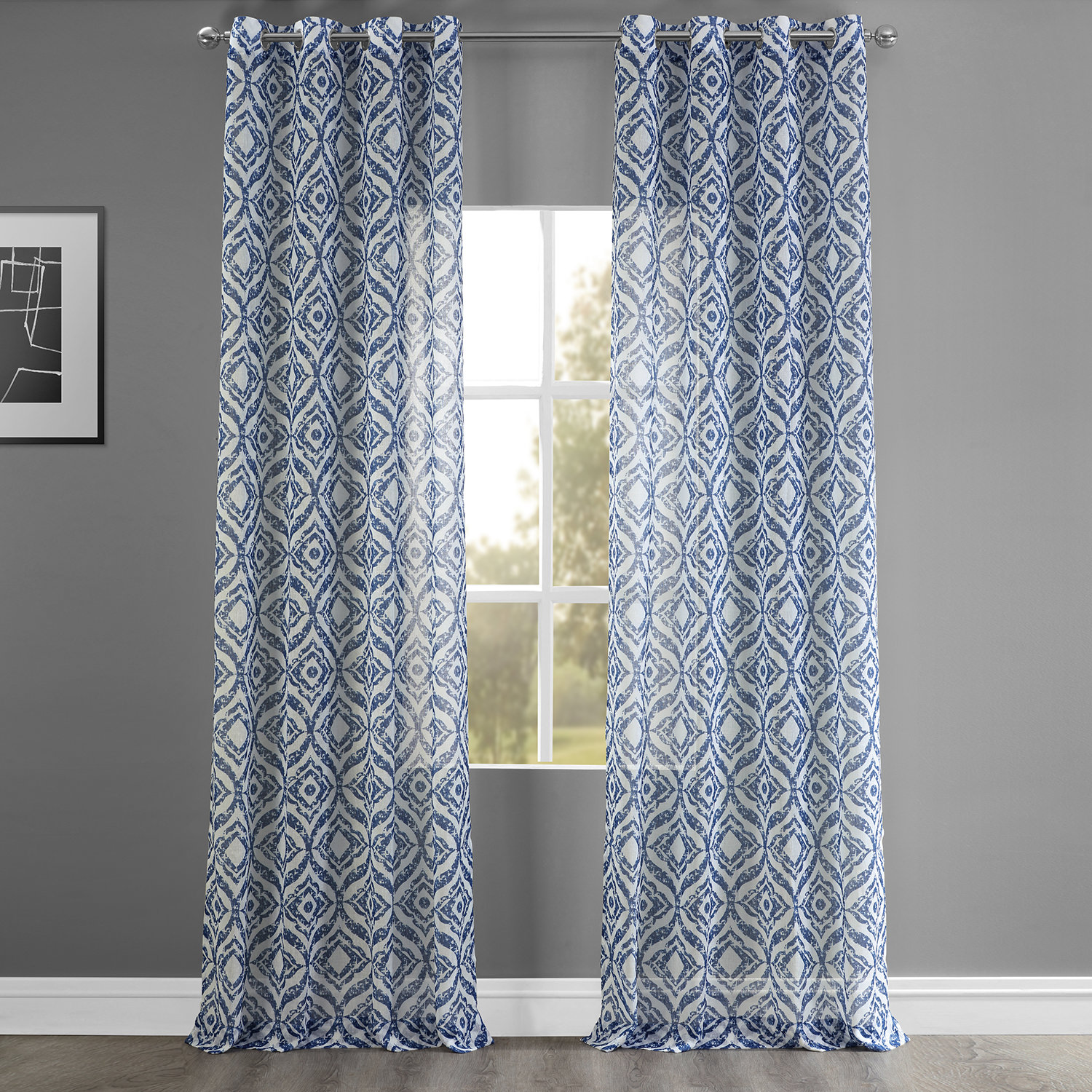 Plaza Blue Grommet Printed Faux Linen Sheer Curtain