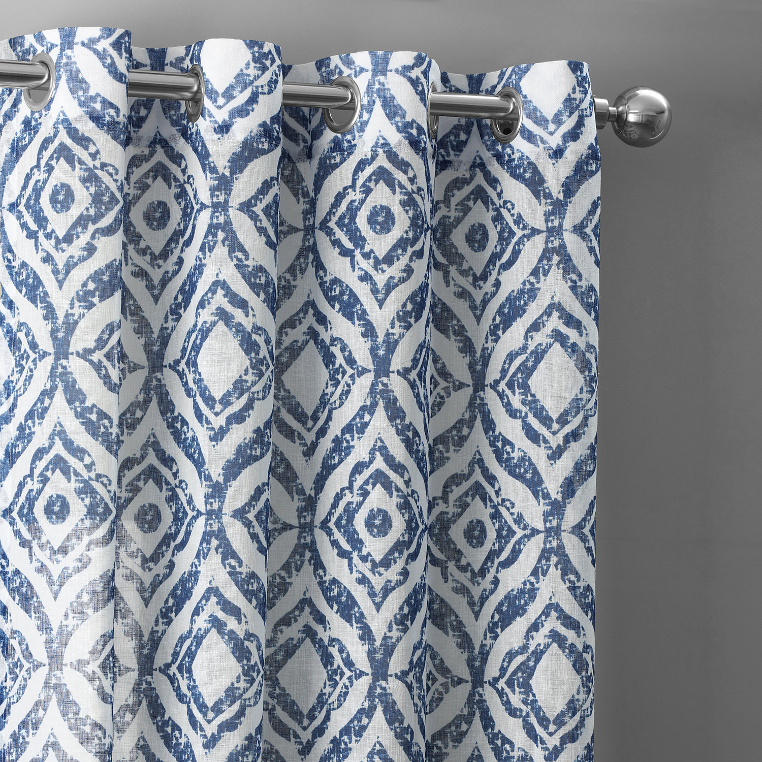 Plaza Blue Grommet Printed Faux Linen Sheer Curtain