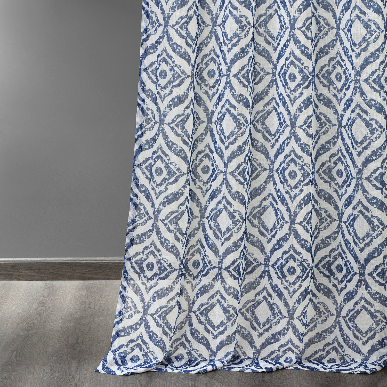 Plaza Blue Grommet Printed Faux Linen Sheer Curtain