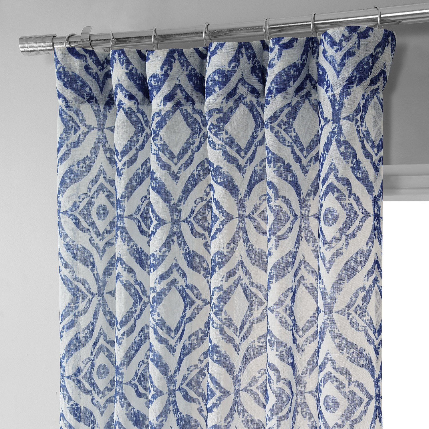 Plaza Blue Printed Faux Linen Sheer Curtain