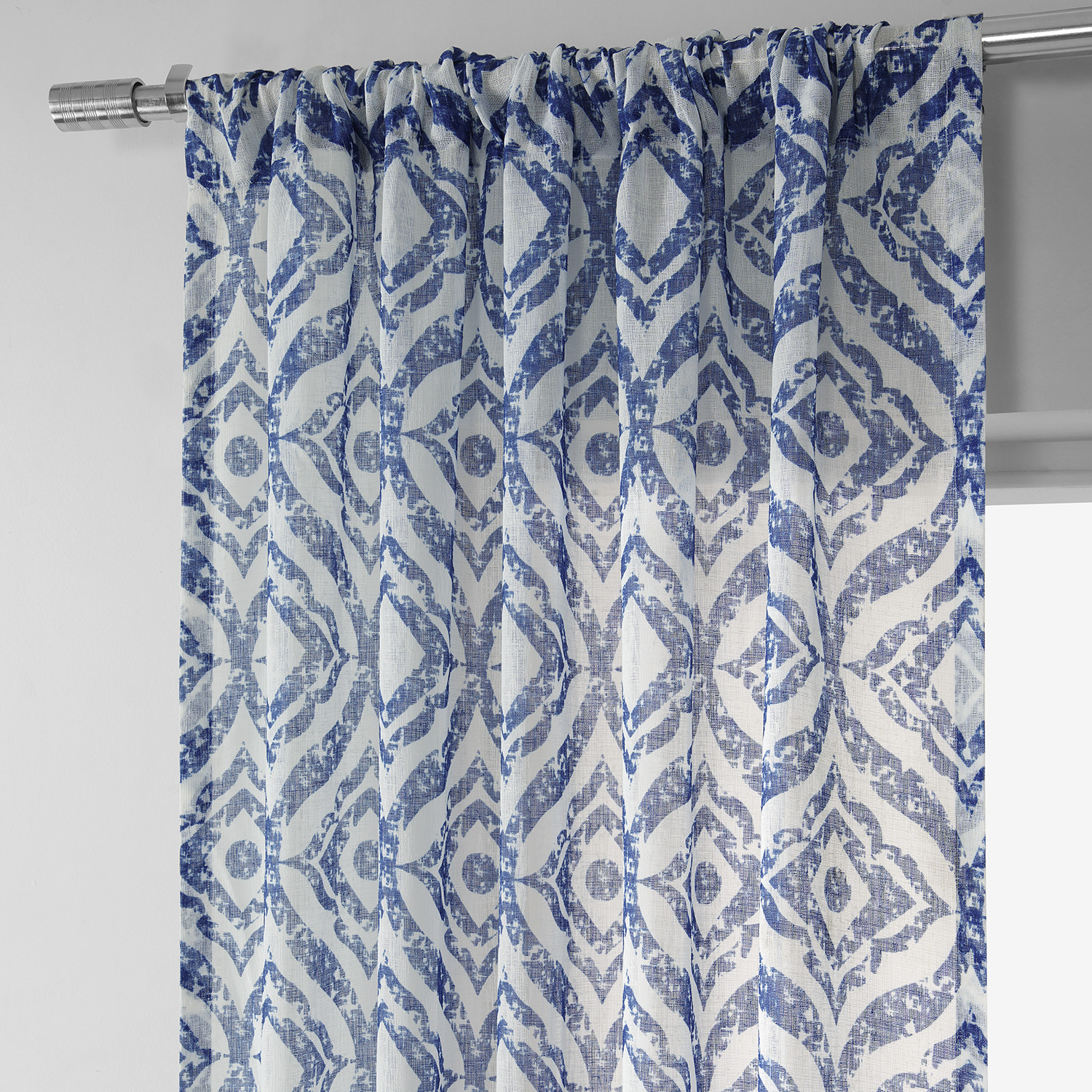 Plaza Blue Printed Faux Linen Sheer Curtain