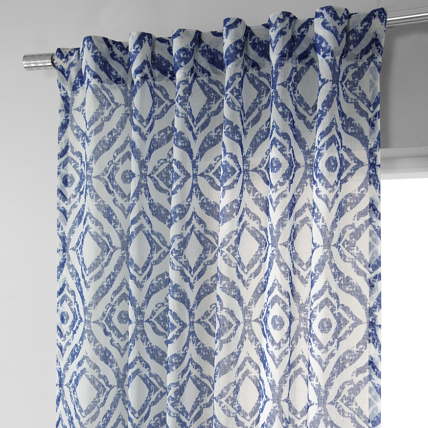 Plaza Blue Printed Faux Linen Sheer Curtain