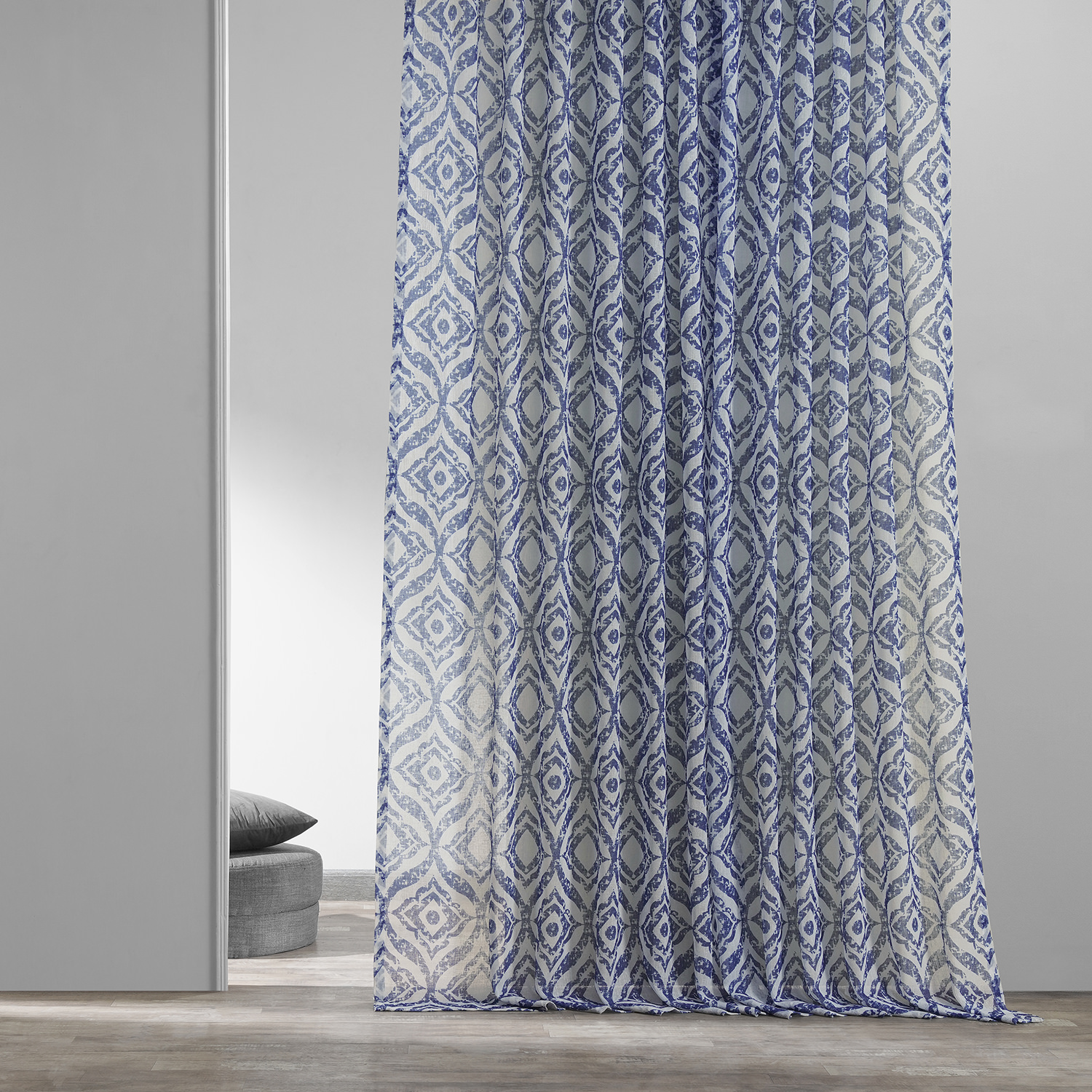 Plaza Blue Printed Faux Linen Sheer Curtain