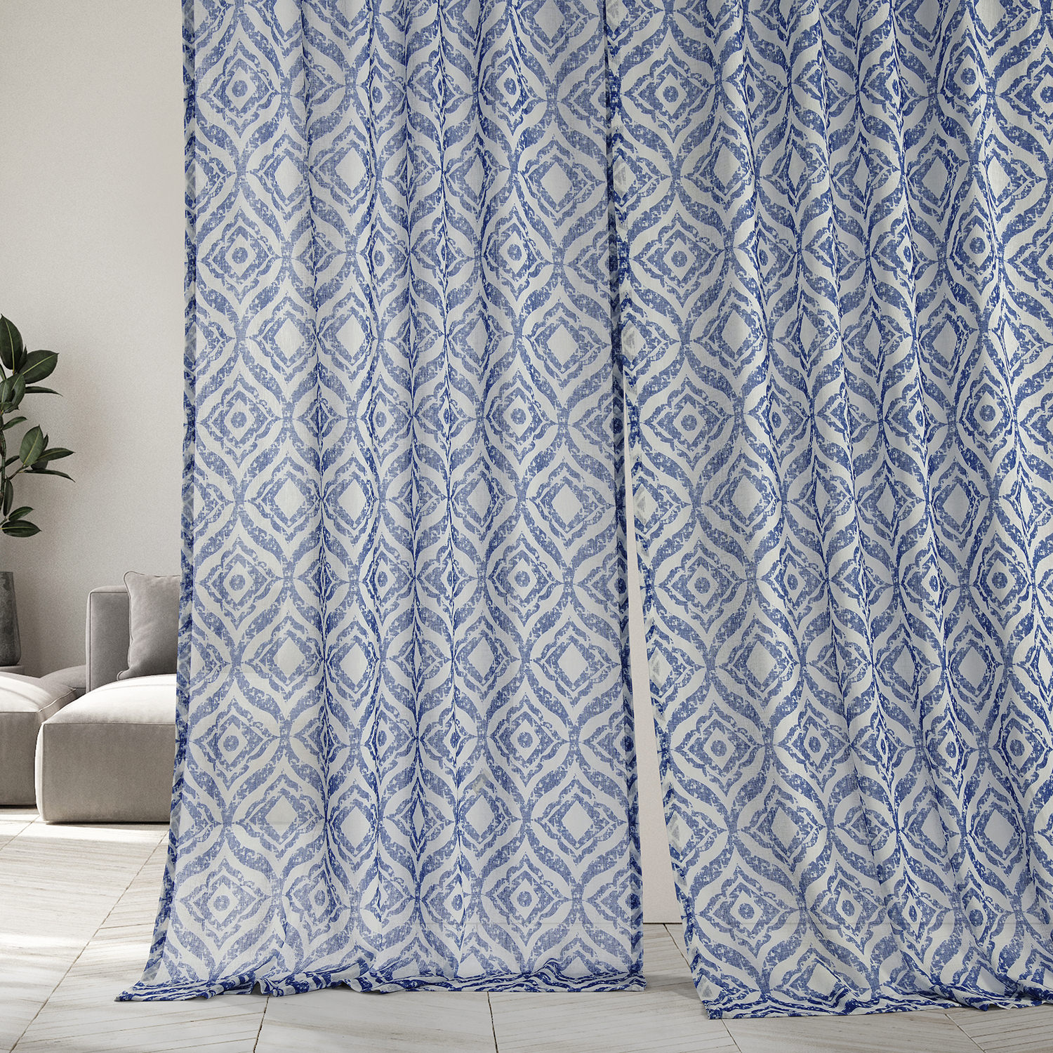 Plaza Blue Printed Faux Linen Sheer Curtain