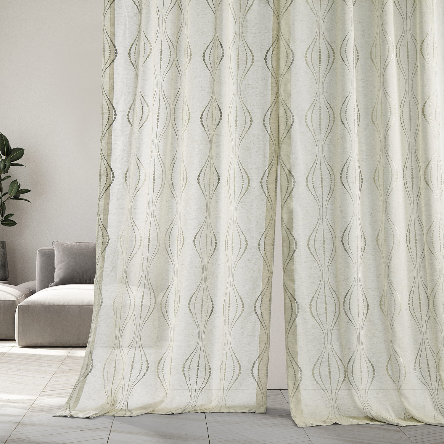 Suez Natural Embroidered Faux Linen Sheer Curtain