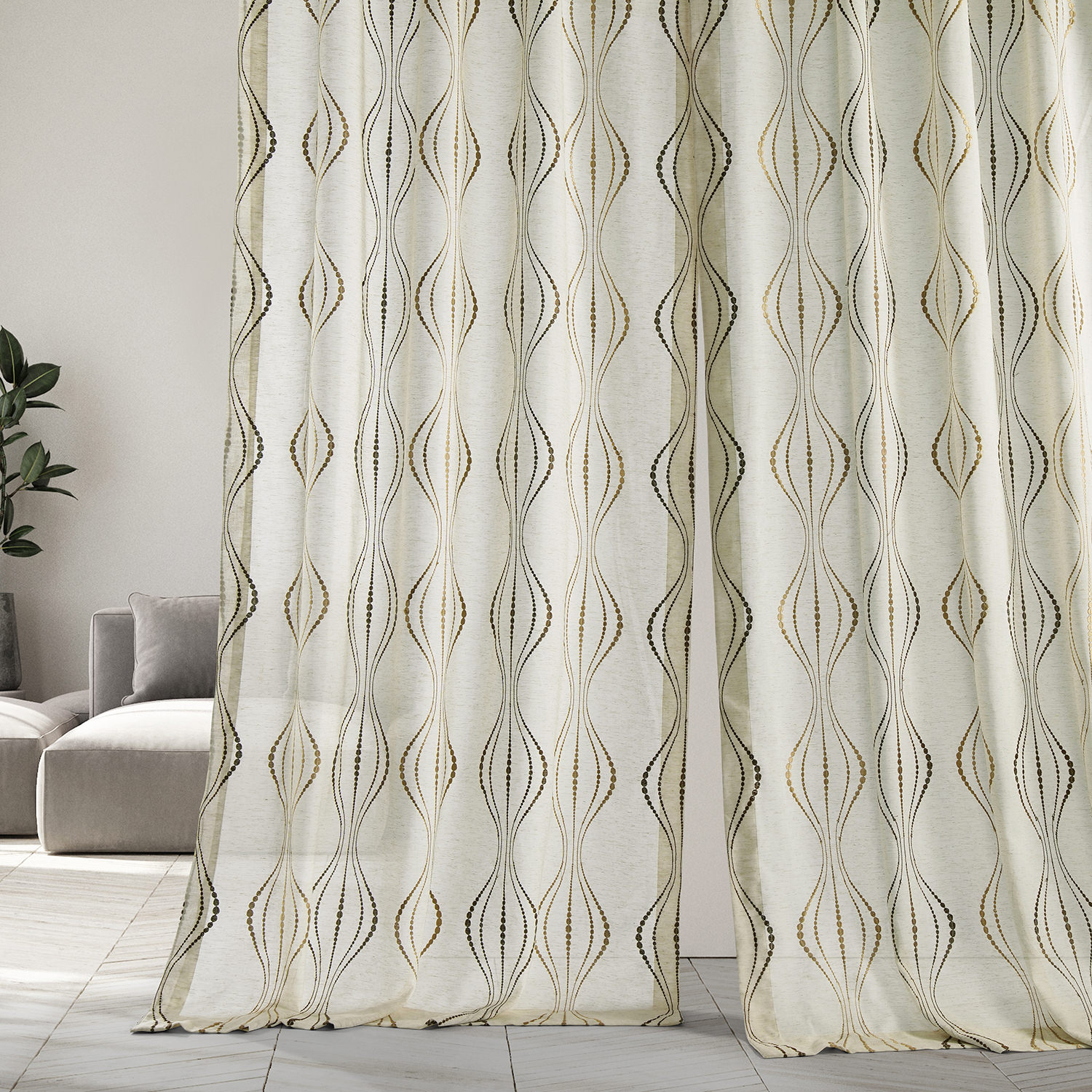 Suez Bronze Embroidered Faux Linen Sheer Curtain