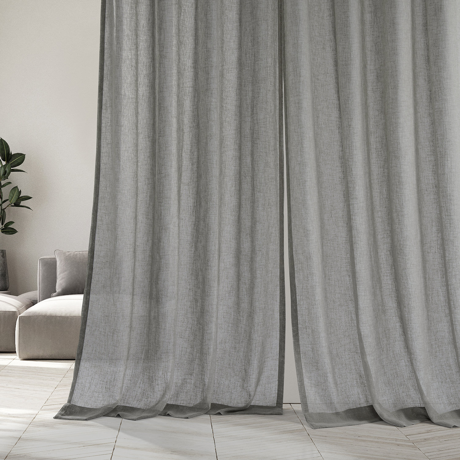 Paris Grey Grommet Solid Faux Linen Sheer Curtain