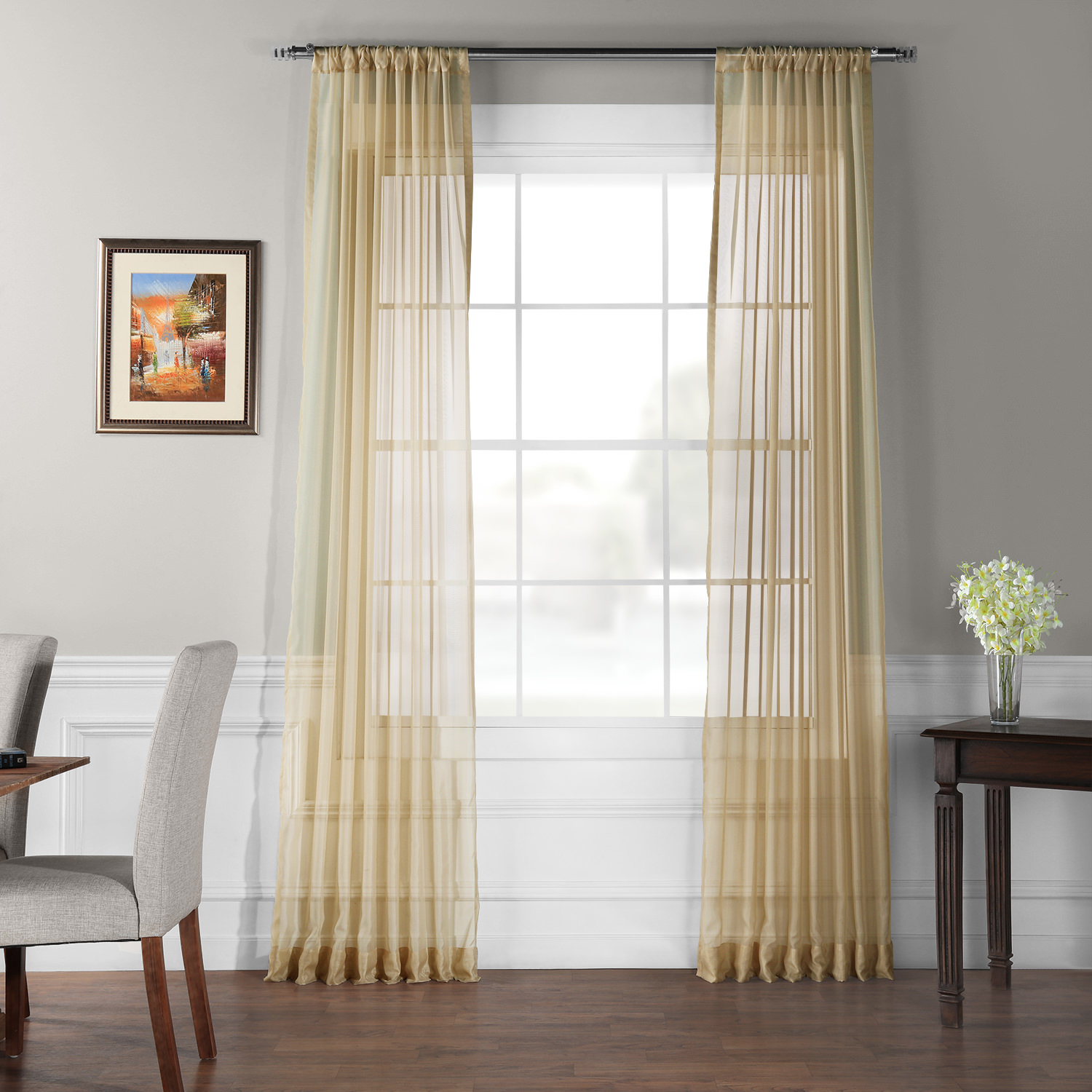 Solid Soft Tan Voile Poly Sheer Curtain Pair (2 Panels)