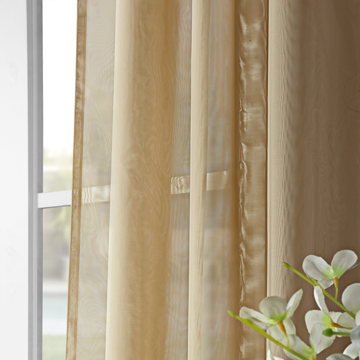 Solid Soft Tan Voile Poly Sheer Curtain Pair (2 Panels)