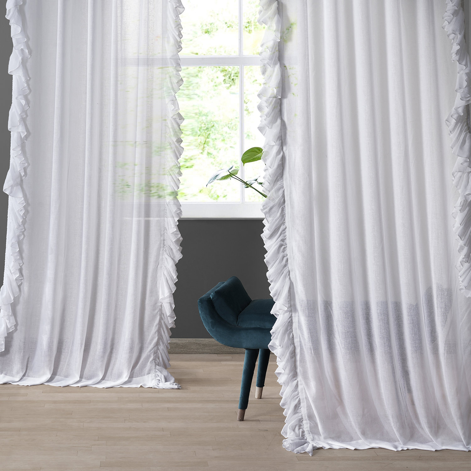 White Orchid Faux Linen Ruffle Sheer Curtain