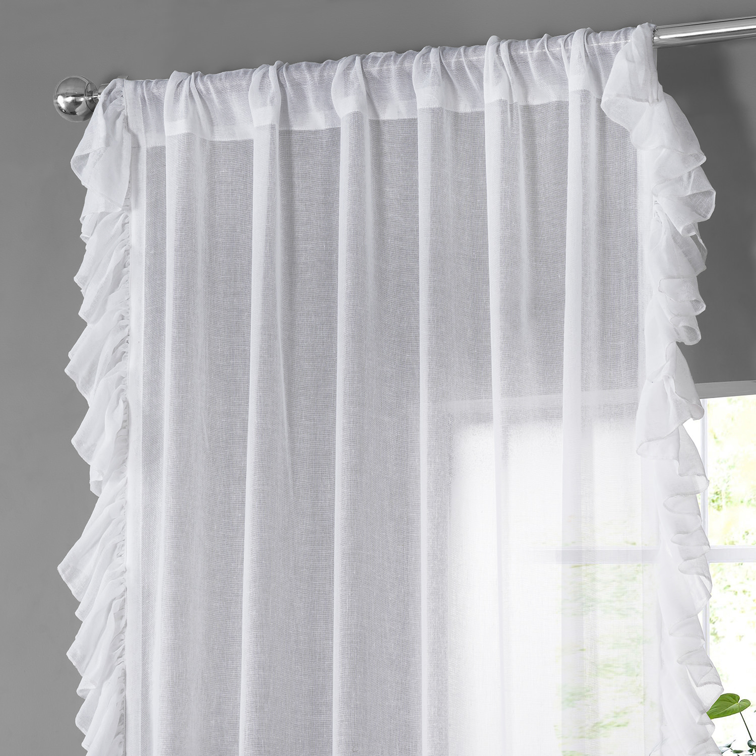 White Orchid Faux Linen Ruffle Sheer Curtain