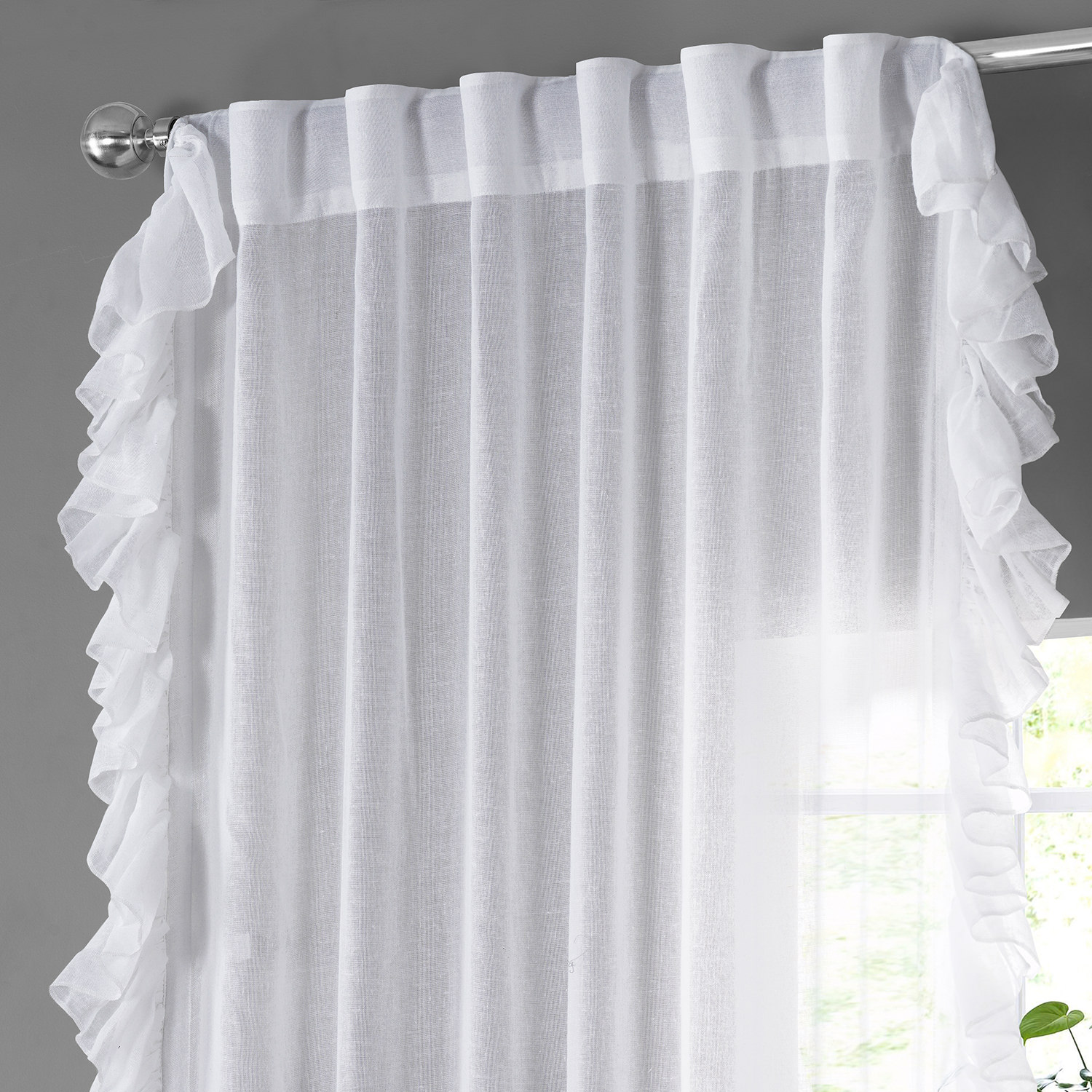 White Orchid Faux Linen Ruffle Sheer Curtain