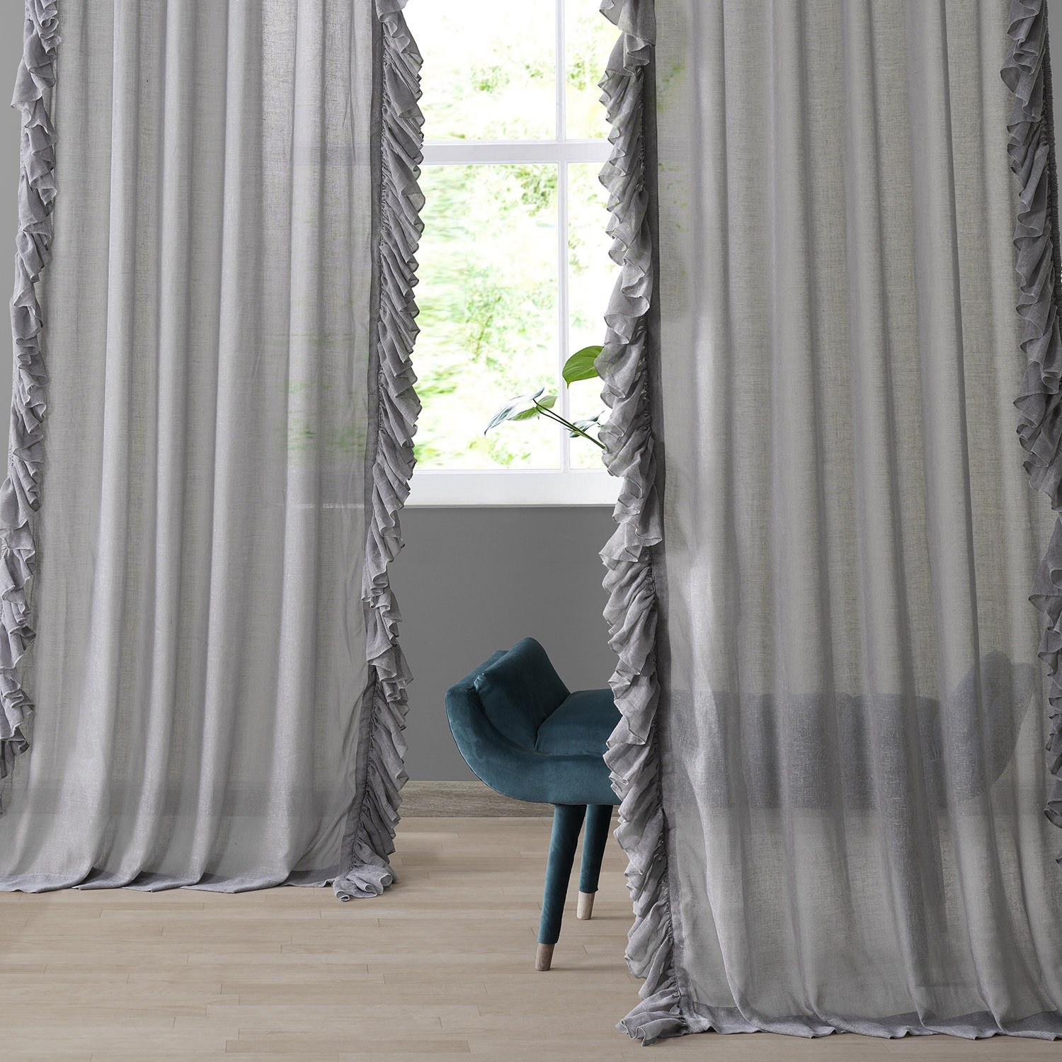 Nickel Faux Linen Ruffle Sheer Curtain