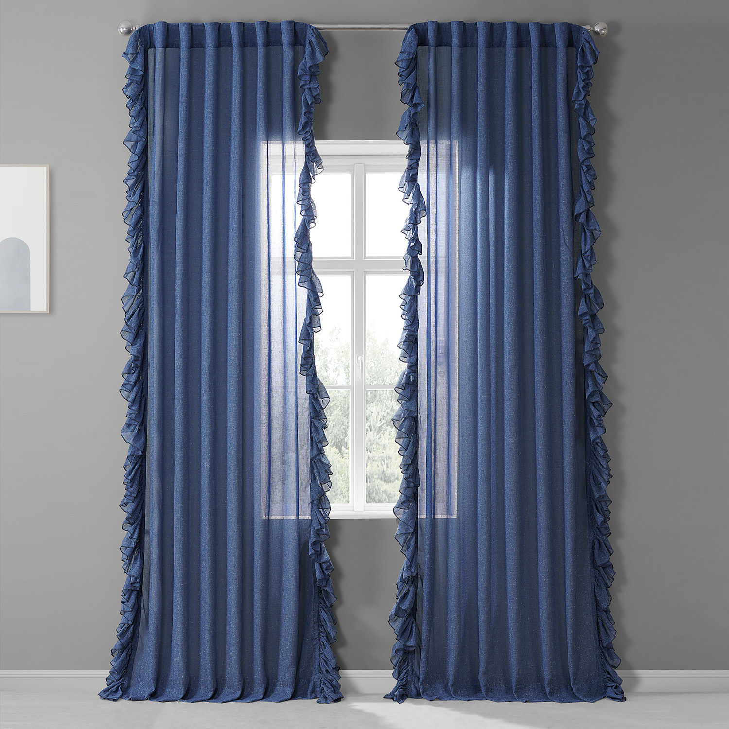 Blue Lapis Faux Linen Ruffle Sheer Curtain