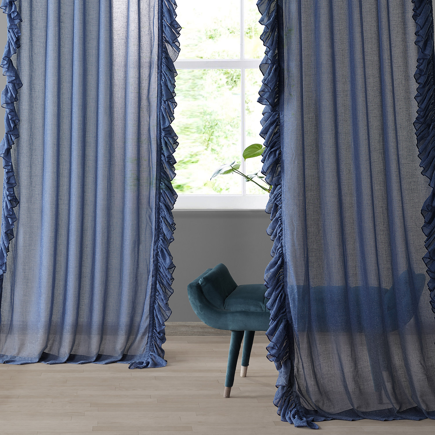 Blue Lapis Faux Linen Ruffle Sheer Curtain