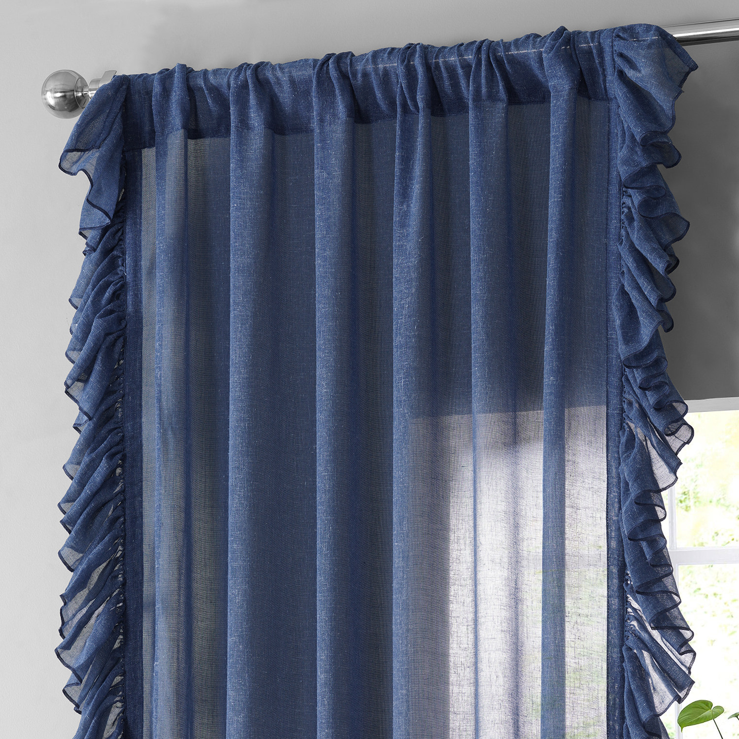 Blue Lapis Faux Linen Ruffle Sheer Curtain