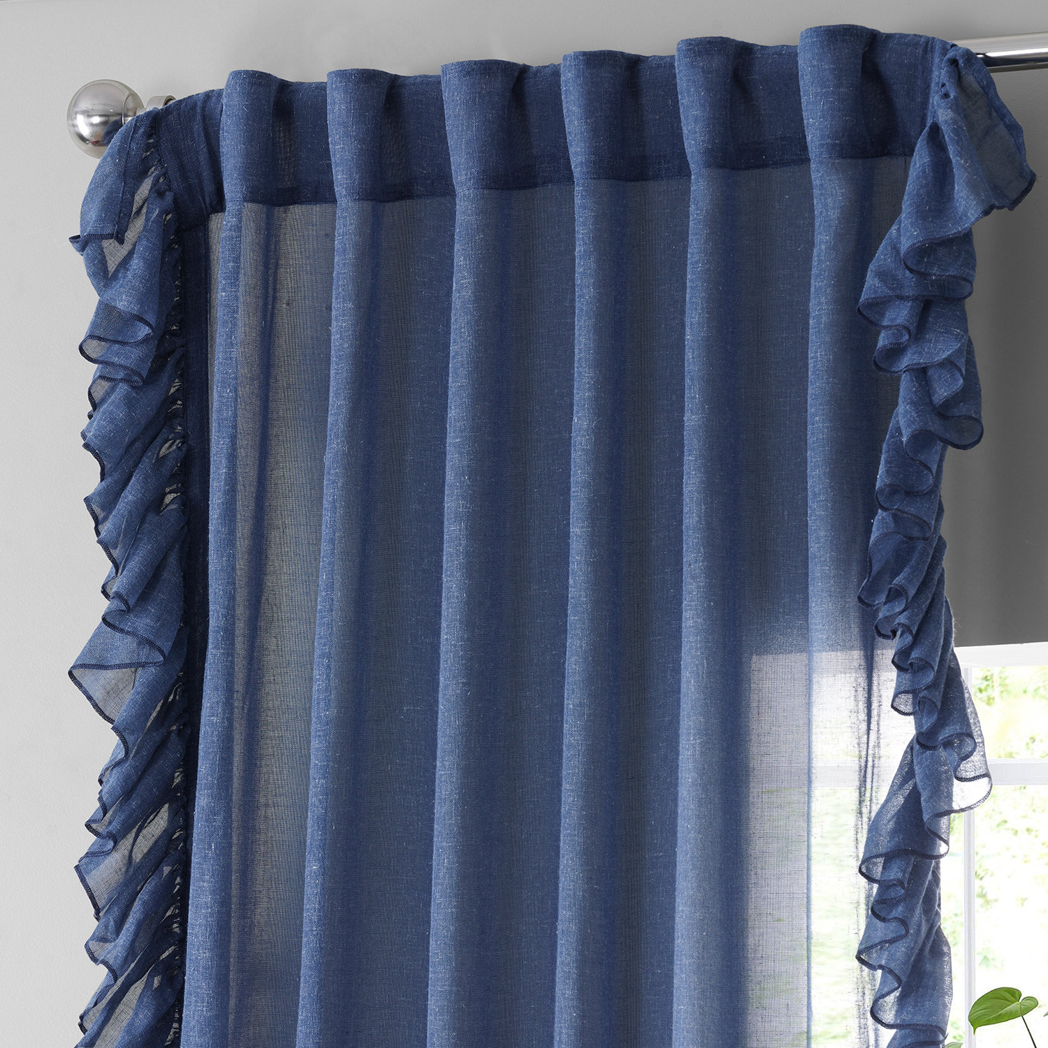 Blue Lapis Faux Linen Ruffle Sheer Curtain