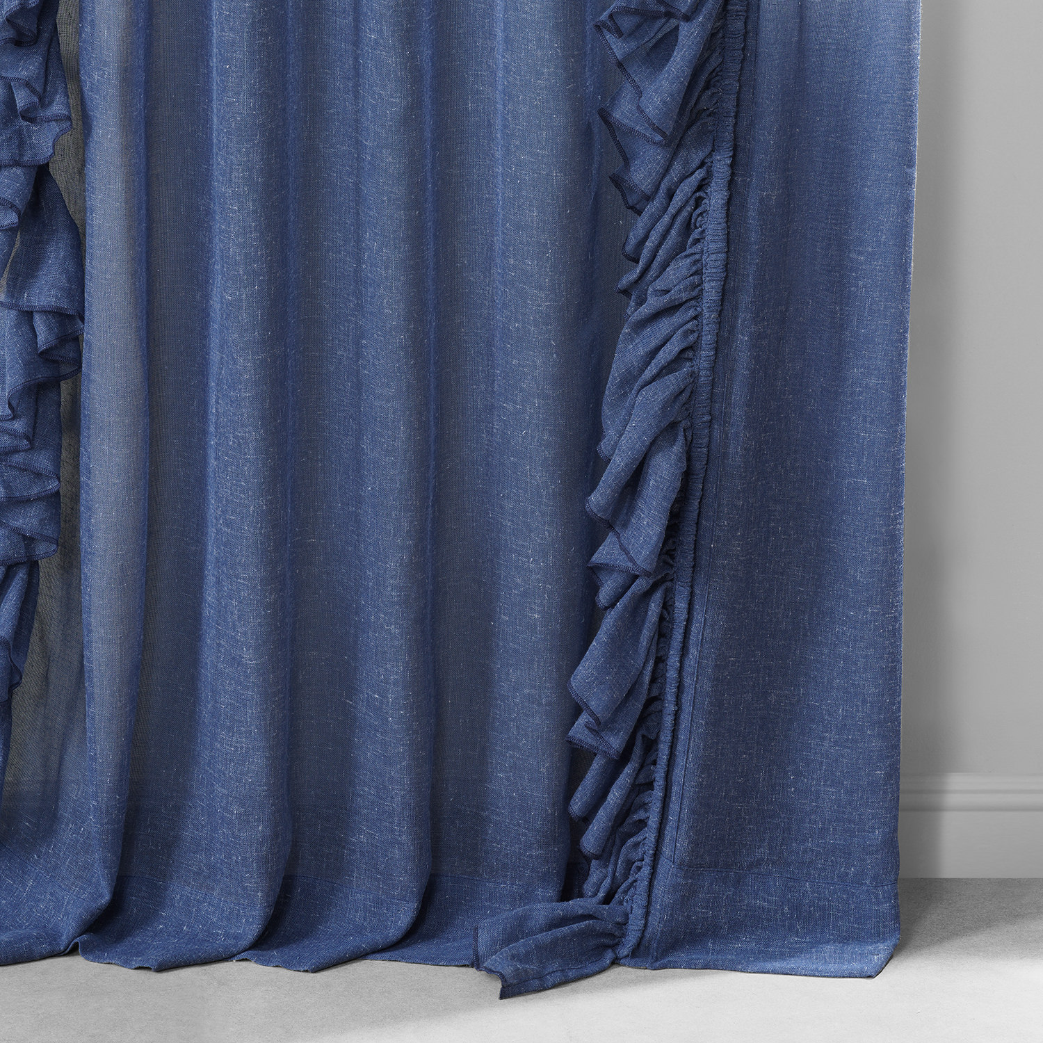 Blue Lapis Faux Linen Ruffle Sheer Curtain