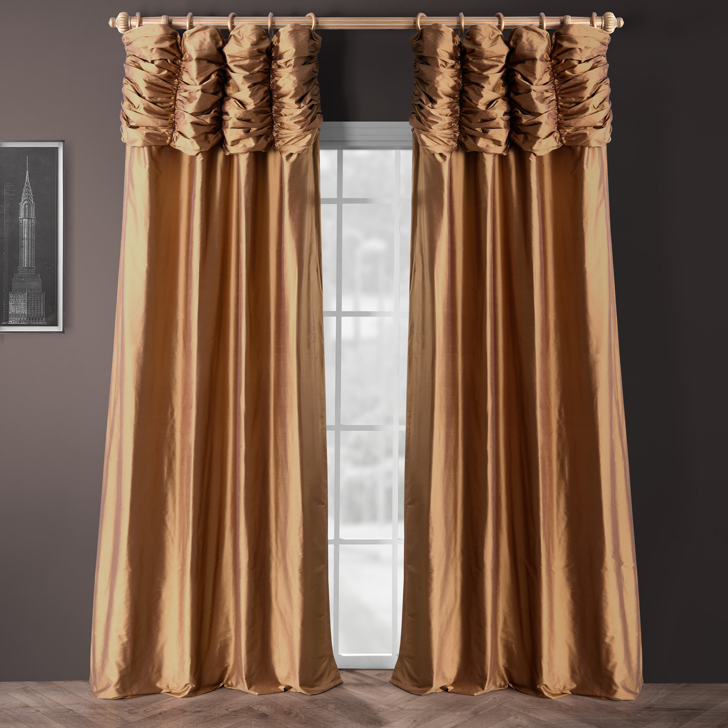 Ruched Brown Gold Thai Silk Curtain