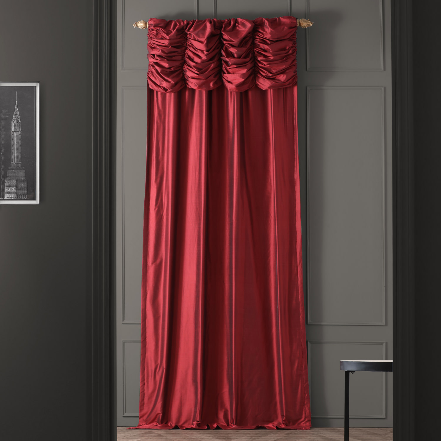 Ruched Bold Red Thai Silk Curtain