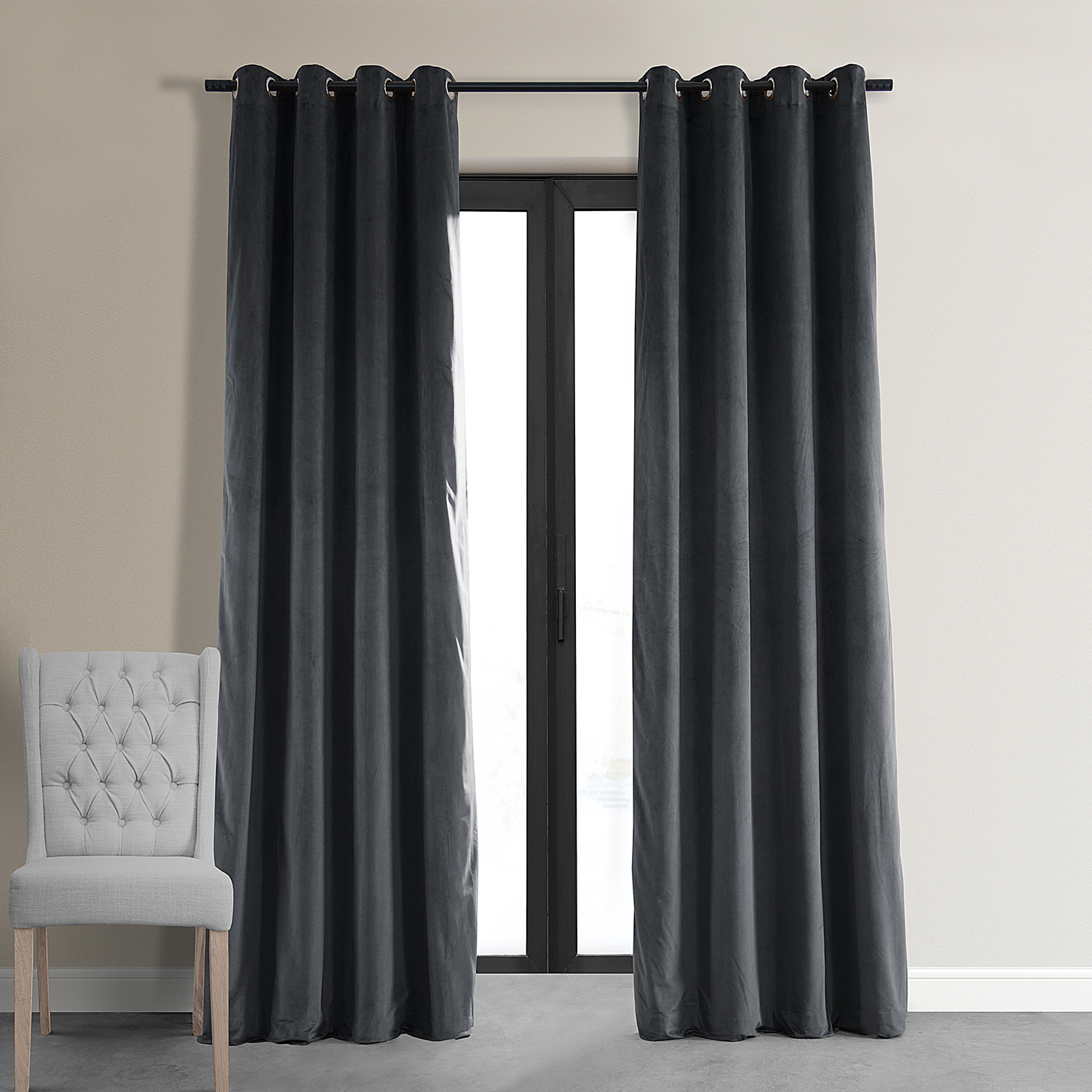 Signature Natural Grey Grommet Blackout Velvet Curtain