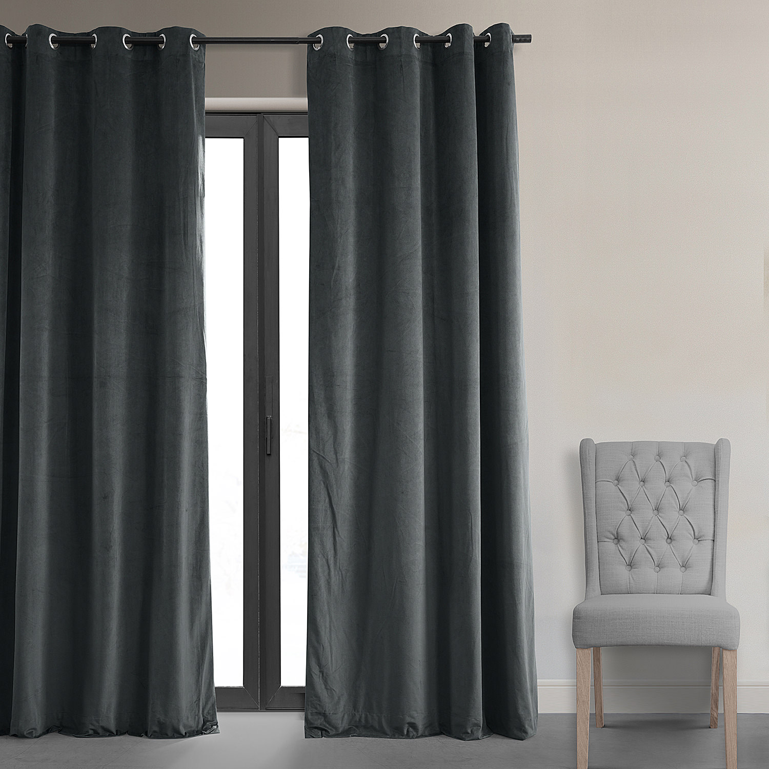 Signature Natural Grey Grommet Blackout Velvet Curtain