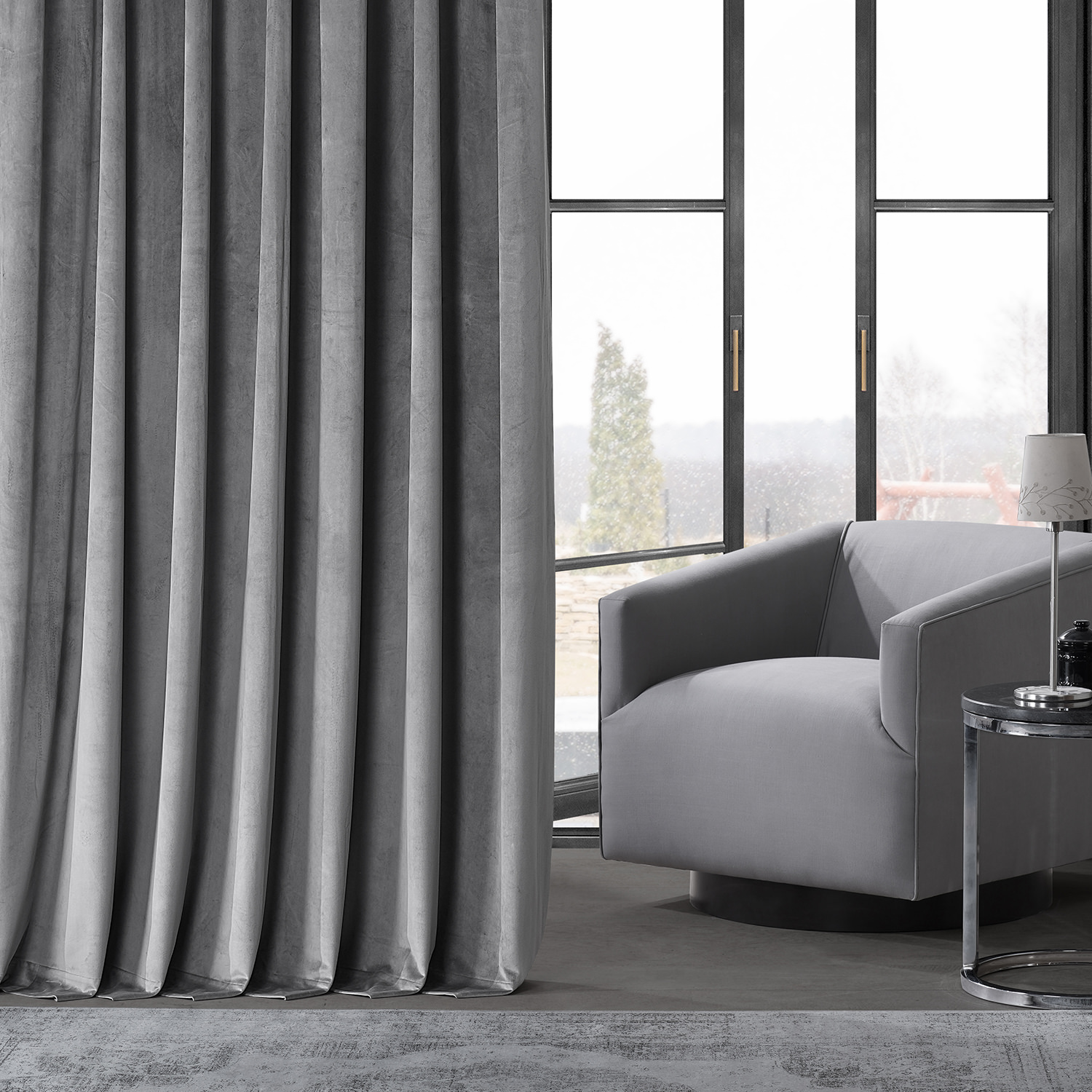 Destiny Grey Heritage Plush Velvet Extrawide Curtain