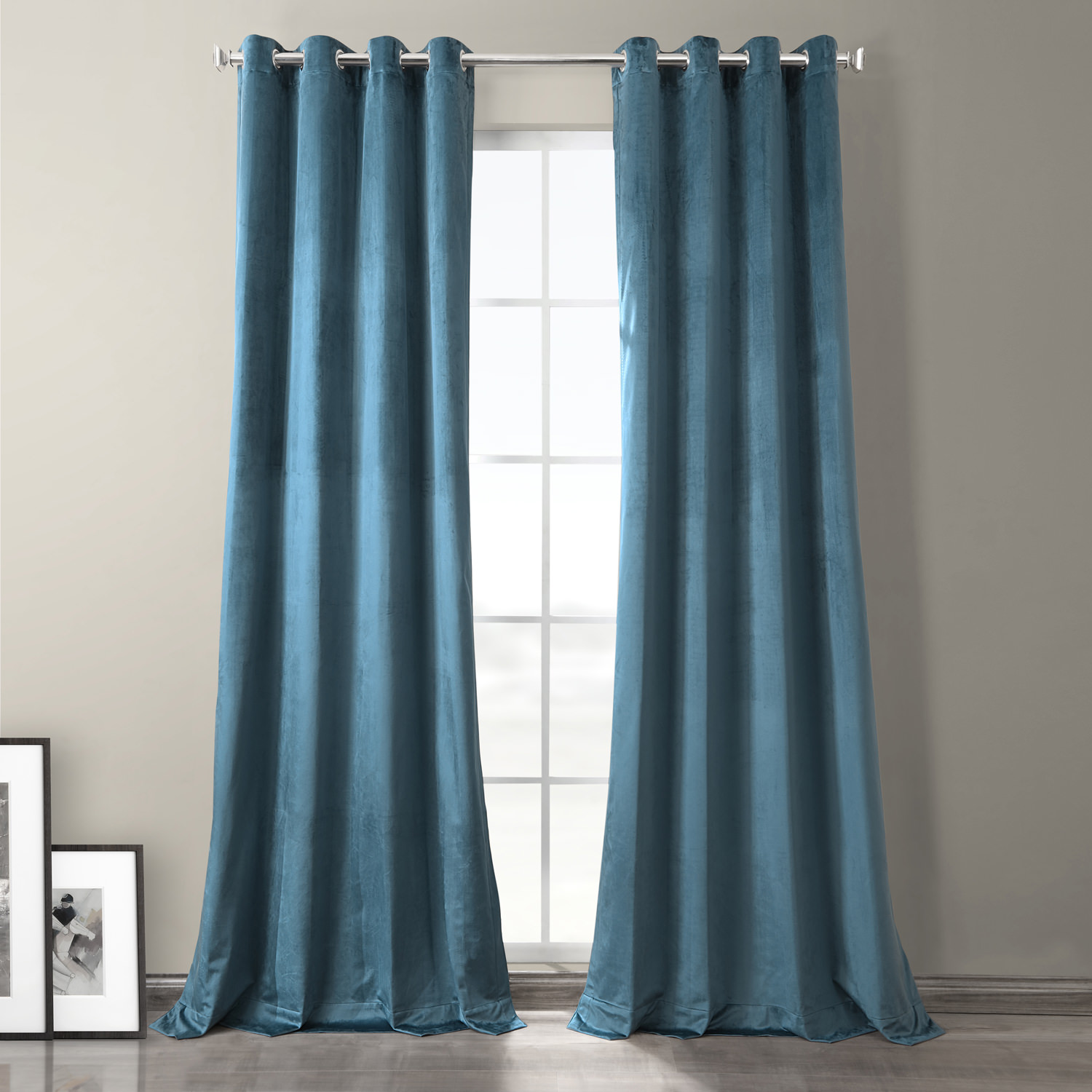 Caspian Blue Plush Velvet Hotel Blackout Grommet Curtain