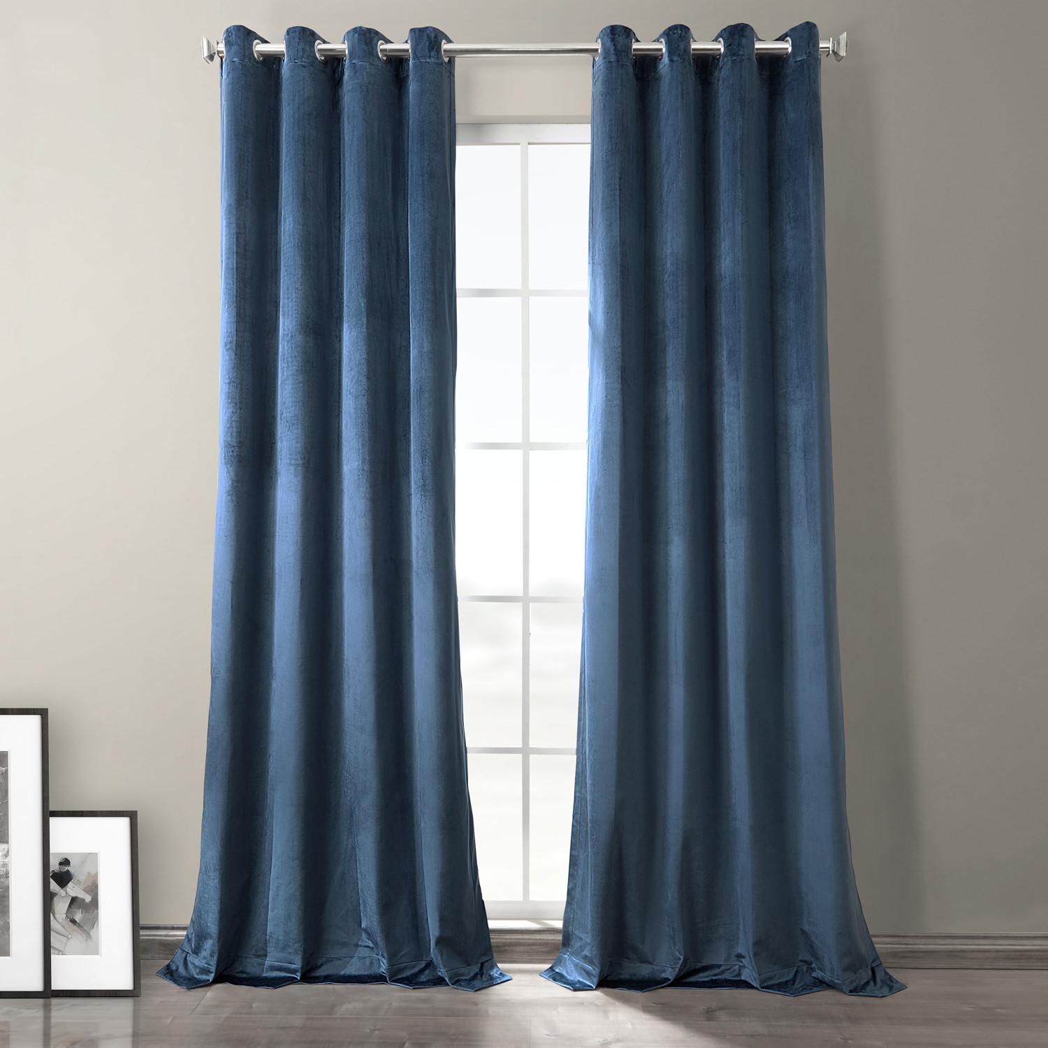 Baroness Blue Plush Velvet Hotel Blackout Grommet Curtain