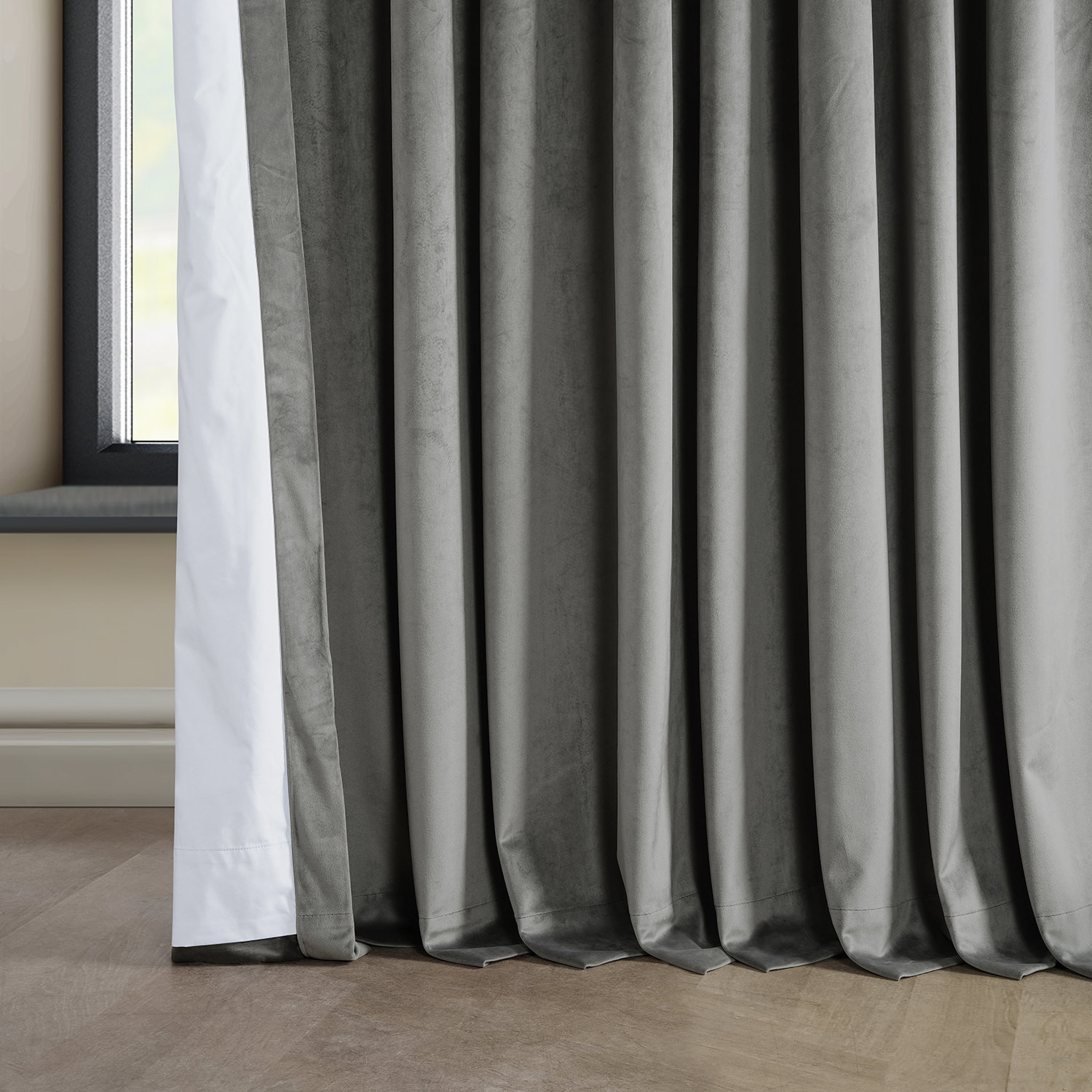 Signature Nightlife Grey Plush Velvet Extrawide Hotel Blackout Curtain