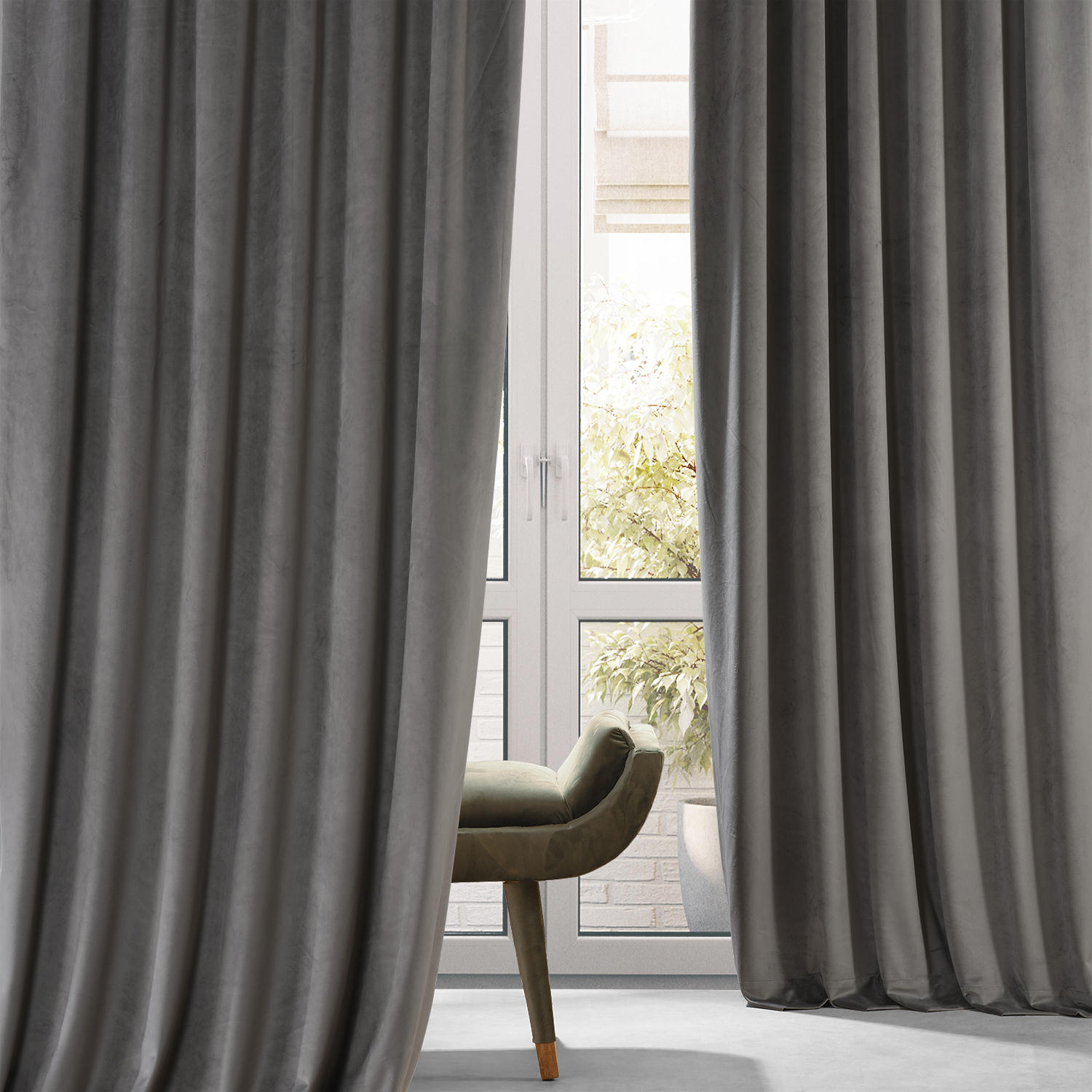 Signature Nightlife Grey Plush Velvet Hotel Blackout Curtain